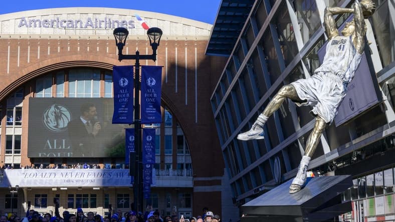 Dec 25, 2022; Dallas, Texas, USA; A general view of the statue by sculptor Omri Amrany honoring former Dallas Mavericks power forward Dirk Nowitzki before the game between the Dallas Mavericks and the Los Angeles Lakers American Airlines Center . Mandatory Credit: Jerome Miron-USA TODAY Sports