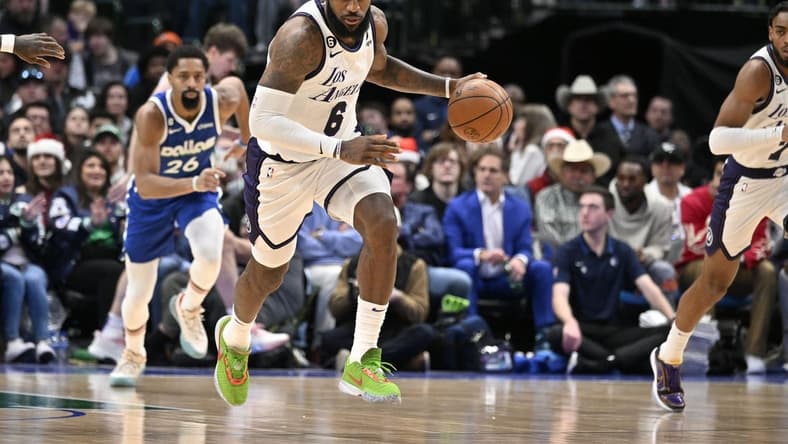 Dec 25, 2022; Dallas, Texas, USA; Los Angeles Lakers forward LeBron James (6) brings the ball up court against the Dallas Mavericks during the second half at the American Airlines Center. Mandatory Credit: Jerome Miron-USA TODAY Sports