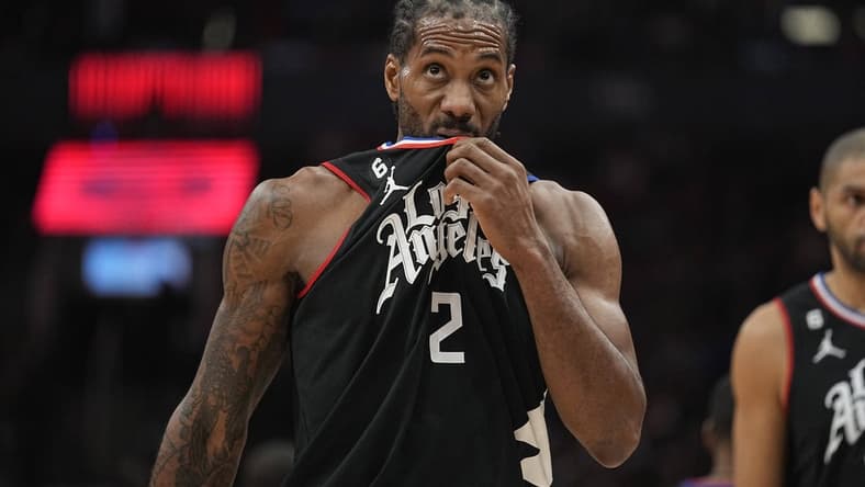 Dec 27, 2022; Toronto, Ontario, CAN; LA Clippers forward Kawhi Leonard (2) comes off the court during a time-out against the Toronto Raptors during the first half at Scotiabank Arena. Mandatory Credit: John E. Sokolowski-USA TODAY Sports
