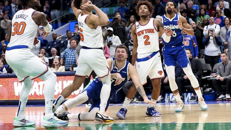 Dec 27, 2022; Dallas, Texas, USA;  Dallas Mavericks guard Luka Doncic (77) reacts after scoring near the end of the fourth quarter against the New York Knicks at American Airlines Center. Mandatory Credit: Kevin Jairaj-USA TODAY Sports