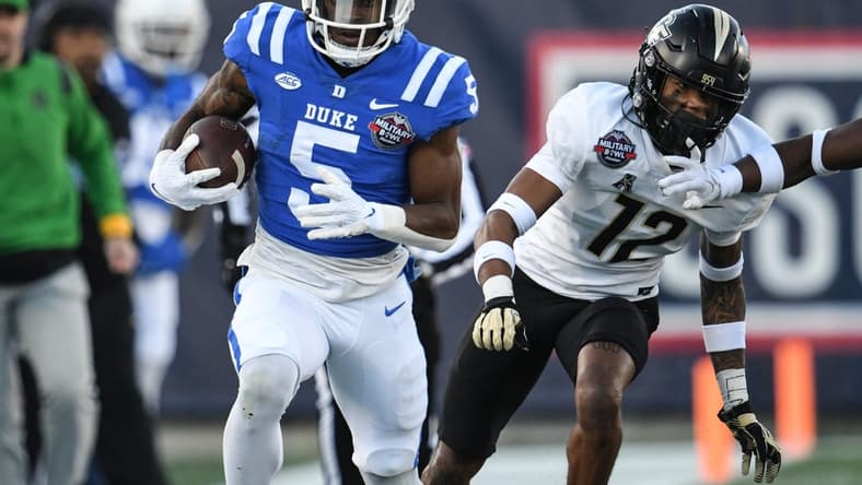 Dec 28, 2022; Annapolis, Maryland, USA; Duke Blue Devils wide receiver Jalon Calhoun (5) rushes during the first half against the Central Florida Knights in the 2022 Military Bowl at Navy-Marine Corps Memorial Stadium. Mandatory Credit: Tommy Gilligan-USA TODAY Sports