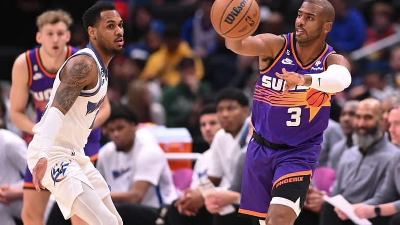 Dec 28, 2022; Washington, District of Columbia, USA; Phoenix Suns guard Chris Paul (3) passes as during the first half against the Washington Wizards at Capital One Arena. Mandatory Credit: Tommy Gilligan-USA TODAY Sports