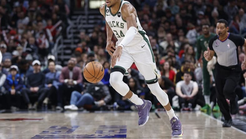 Dec 28, 2022; Chicago, Illinois, USA; Milwaukee Bucks forward Giannis Antetokounmpo (34) drives to the basket against the Chicago Bulls during the first half at United Center. Mandatory Credit: Kamil Krzaczynski-USA TODAY Sports