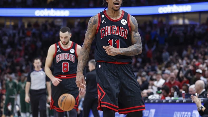 Dec 28, 2022; Chicago, Illinois, USA; Chicago Bulls forward DeMar DeRozan (11) reacts against the Milwaukee Bucks in overtime at United Center. Mandatory Credit: Kamil Krzaczynski-USA TODAY Sports