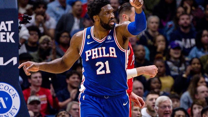 Dec 30, 2022; New Orleans, Louisiana, USA; Philadelphia 76ers center Joel Embiid (21) gestures during the first half against the New Orleans Pelicans at Smoothie King Center. Mandatory Credit: Stephen Lew-USA TODAY Sports