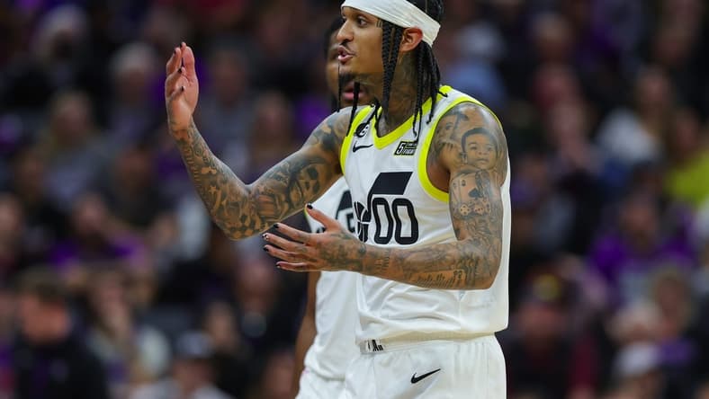Dec 30, 2022; Sacramento, California, USA; Utah Jazz guard Jordan Clarkson (00) reacts after a play during the fourth quarter against the Sacramento Kings at Golden 1 Center. Mandatory Credit: Sergio Estrada-USA TODAY Sports