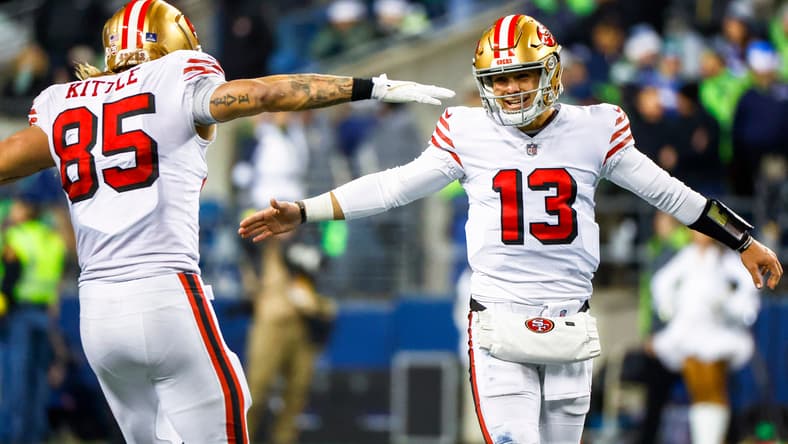 san francisco 49ers' george kittle and brock purdy