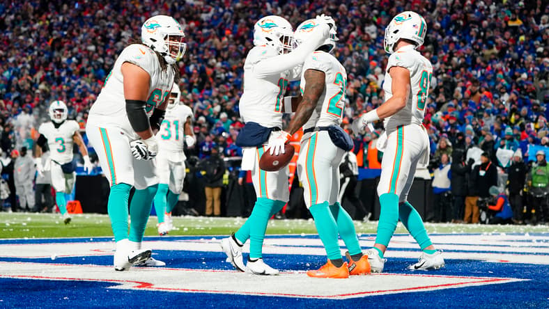 Miami Dolphins' Tua Tagovailoa and Jaylen Waddle