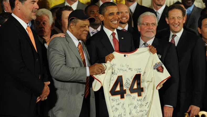 2010 World Series champion San Francisco Giants visit the White House and President Barack Obama Monday July 25, 2011. President Obama holds a gift jersey with Giants legend Willie Mays on his right and General Manager Brian Sabean on his near left and team president Larry Baer second left. Team manager Bruce Bochy is at far left.
Xxx 3152 Jpg S Bbn Usa