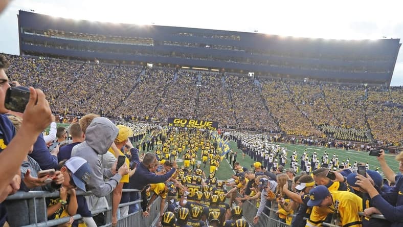 The Michigan Wolverines take the field for the season opener against the Middle Tennessee State Blue Raiders on Saturday, August 31, 2019 at Michigan Stadium.
Michigan tunnel