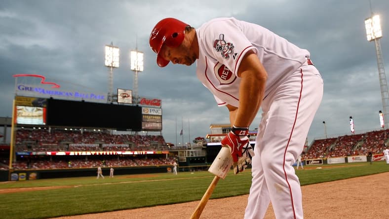 (File photo) Scott Rolen takes to the on-deck circle against the St. Louis Cardinals at Great American Ball Park.