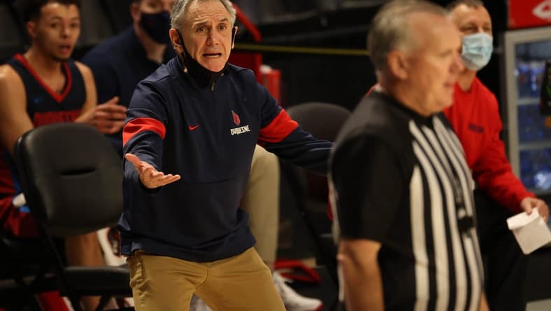 Mar 4, 2021; Richmond, Virginia, USA; Duquesne Dukes head coach Keith Dambrot reacts to a call from the bench against the Richmond Spiders in the first half in the second round of the 2021 Atlantic 10 Conference Tournament at Stuart C. Siegel Center. Mandatory Credit: Geoff Burke-USA TODAY Sports