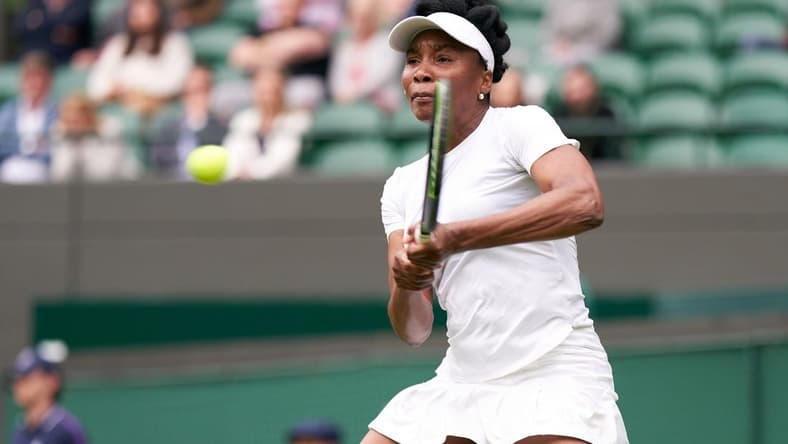 Jun 30, 2021; London, United Kingdom; Venus Williams (USA) seen playing Ons Jabeur (TUN) in second round  singles on No. 1 court at All England Lawn Tennis and Croquet Club. Mandatory Credit: Peter van den Berg-USA TODAY Sports