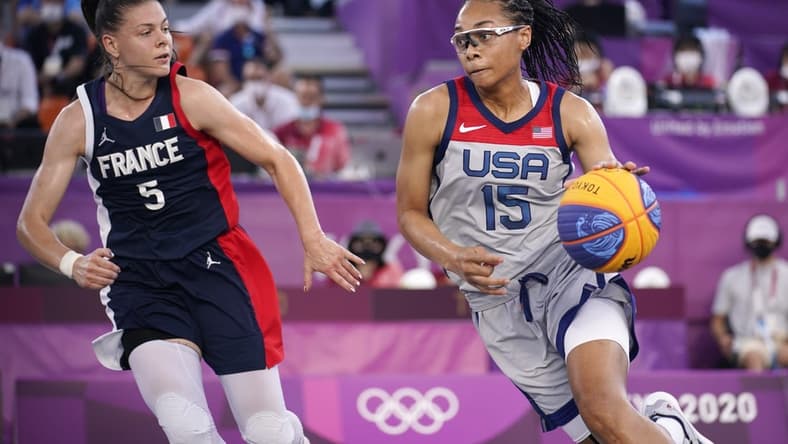 Jul 28, 2021; Tokyo, Japan; USA player Allisha Gray (15) dribbles while being defended by France player Marie-Eve Paget (5) in the semifinal game during the Tokyo 2020 Olympic Summer Games at Aomi Urban Sports Park. Mandatory Credit: Andrew Nelles-USA TODAY Sports