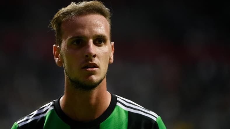 Sep 4, 2021; Vancouver, British Columbia, CAN;  Austin FC midfielder Tomas Pochettino (7) stands before a throw in during the first half against the Vancouver Whitecaps FC at BC Place. Mandatory Credit: Anne-Marie Sorvin-USA TODAY Sports