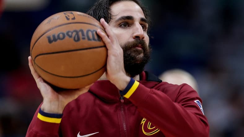 Dec 28, 2021; New Orleans, Louisiana, USA;  Cleveland Cavaliers guard Ricky Rubio (3) dribbles against New Orleans Pelicans during the first half  at Smoothie King Center. Mandatory Credit: Stephen Lew-USA TODAY Sports
