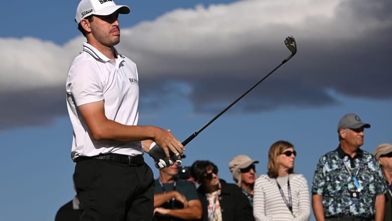 Jan 22, 2022; La Quinta, California, USA; Patrick Cantlay watches his shot on the 17th tee during the third round of the American Express golf tournament at Peter Dye Stadium Course. Mandatory Credit: Orlando Ramirez-USA TODAY Sports