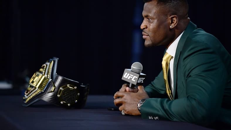 Jan 22, 2022; Anaheim, California, USA; Francis Ngannou speaks with media following his championship victory at UFC 270 at Honda Center. Mandatory Credit: Gary A. Vasquez-USA TODAY Sports