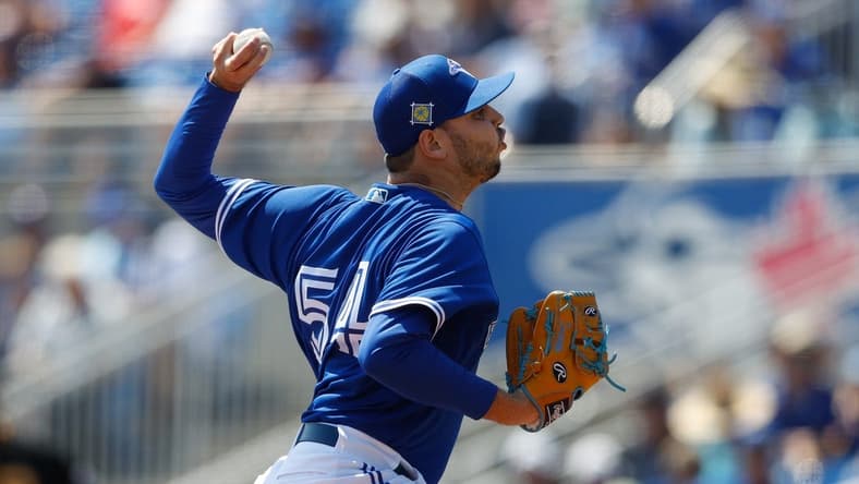 Mar 20, 2022; Dunedin, Florida, USA; Toronto Blue Jays pitcher Tayler Saucedo (54) throws a pitch in the third inning against the Pittsburgh Pirates during spring training at TD Ballpark. Mandatory Credit: Nathan Ray Seebeck-USA TODAY Sports