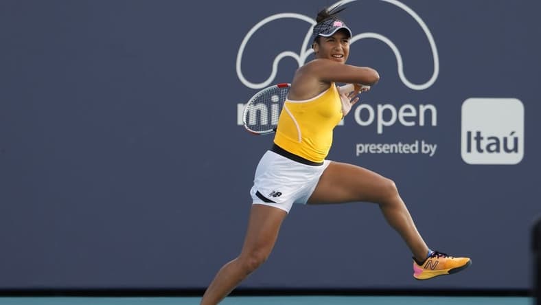 Mar 24, 2022; Miami Gardens, FL, USA; Heather Watson (GBR) hits a forehand against Elina Svitolina (UKR) (not pictured) in a second round women's singles match in the Miami Open at Hard Rock Stadium. Mandatory Credit: Geoff Burke-USA TODAY Sports