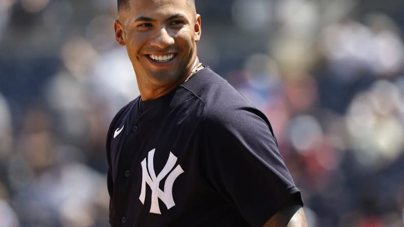 Apr 5, 2022; Tampa, Florida, USA; New York Yankees second baseman Gleyber Torres (25) smiles during the fourth inning against the Detroit Tigers during spring training at George M. Steinbrenner Field. Mandatory Credit: Kim Klement-USA TODAY Sports