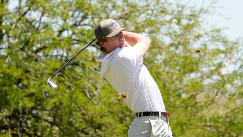 May 30, 2022; Scottsdale, Arizona, USA; Gordon Sargent of Vanderbilt plays his tee shot on the second hole during the final round of the NCAA DI Mens Golf Championship at Grayhawk Golf Club - Raptor Course. Mandatory Credit: Rob Schumacher-Arizona Republic

Golf Ncaa Di Mens Golf Championship