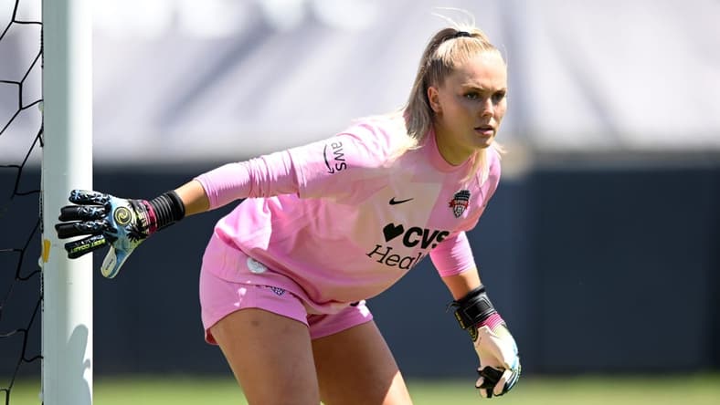 Jul 3, 2022; San Diego, California, USA; Washington Spirit goalkeeper Devon Kerr (18) looks on in the first half against the San Diego Wave FC at Torero Stadium. Mandatory Credit: Orlando Ramirez-USA TODAY Sports