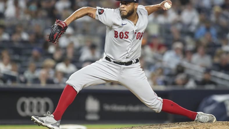 Jul 16, 2022; Bronx, New York, USA; Boston Red Sox relief pitcher Darwinzon Hernandez (63) pitches in the fifth inning against the Boston Red Sox at Yankee Stadium. Mandatory Credit: Wendell Cruz-USA TODAY Sports