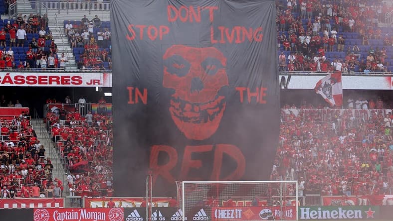 Jul 17, 2022; Harrison, New Jersey, USA; A banner is displayed before a match between the New York Red Bulls and the New York City at Red Bull Arena. Mandatory Credit: Brad Penner-USA TODAY Sports