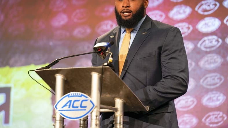 Jul 20, 2022; Charlotte, NC, USA; Florida State defensive tackle Fabien Lovett speaks to the media during ACC Media Days at the Westin Hotel in Charlotte.  Mandatory Credit: Jim Dedmon-USA TODAY Sports