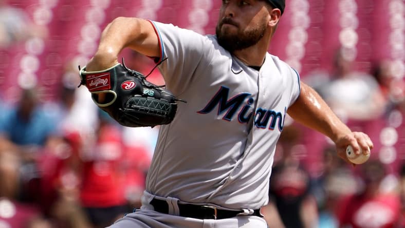 Miami Marlins starting pitcher Daniel Castano (20) delivers a pitch during the first inning of a baseball game against the Cincinnati Reds, Thursday, July 28, 2022, at Great American Ball Park in Cincinnati.

Miami Marlins At Cincinnati Reds July 27 0030