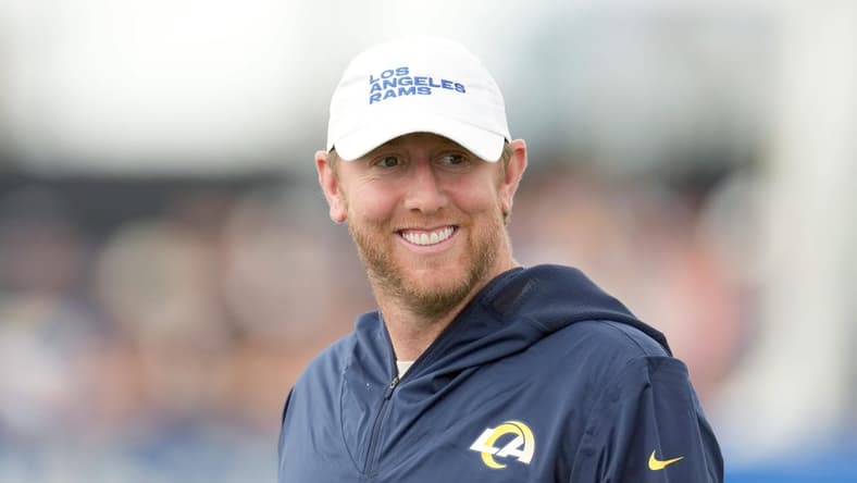 Jul 31, 2022; Irvine, CA, USA; Los Angeles Rams offensive coordinator Liam Coen during training camp at UC Irvine. Mandatory Credit: Kirby Lee-USA TODAY Sports