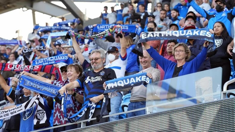 Jul 30, 2022; San Jose, California, USA; Fans hold up scarves before the game between the San Jose Earthquakes and Real Salt Lake at PayPal Park. Mandatory Credit: Darren Yamashita-USA TODAY Sports