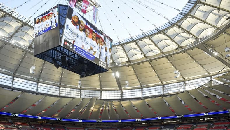 Aug 5, 2022; Vancouver, British Columbia, CAN;  General view of the pitch as the Vancouver Whitecaps FC warms up against the the Houston Dynamo at BC Place. Mandatory Credit: Anne-Marie Sorvin-USA TODAY Sports
