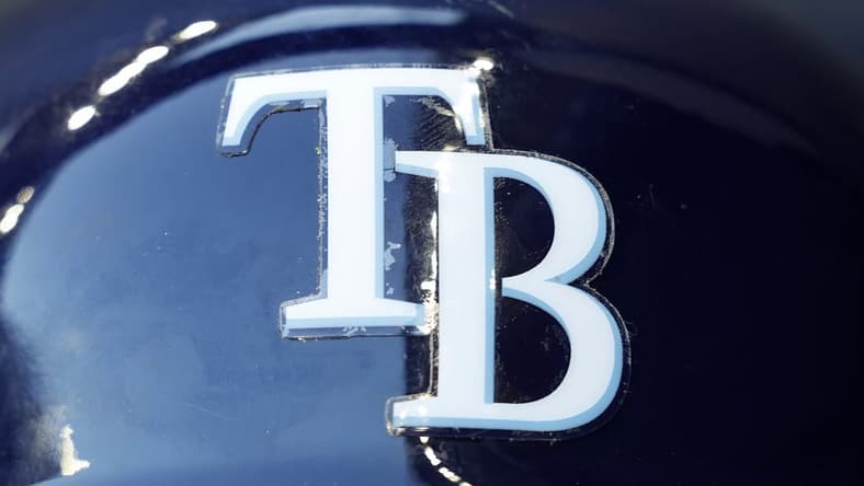 Aug 9, 2022; Milwaukee, Wisconsin, USA; The Tampa Bay Rays logo on a batting helmet prior to the game against the Milwaukee Brewers at American Family Field. Mandatory Credit: Jeff Hanisch-USA TODAY Sports