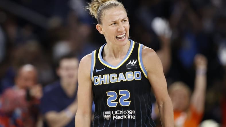 Aug 20, 2022; Chicago, Illinois, USA; Chicago Sky guard Courtney Vandersloot (22) reacts during the second half of Game 2 of the first round of the WNBA playoffs against the New York Liberty at Wintrust Arena. Mandatory Credit: Kamil Krzaczynski-USA TODAY Sports