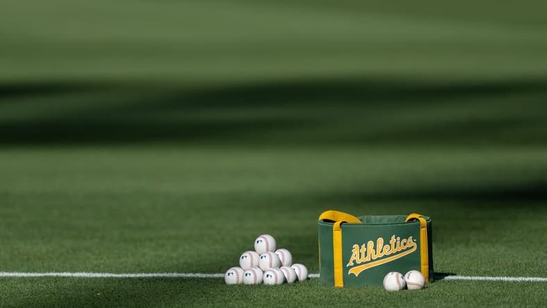Aug 22, 2022; Oakland, California, USA; General view of the baseballs during batting practice between the Oakland Athletics and the Miami Marlins at RingCentral Coliseum. Mandatory Credit: Stan Szeto-USA TODAY Sports