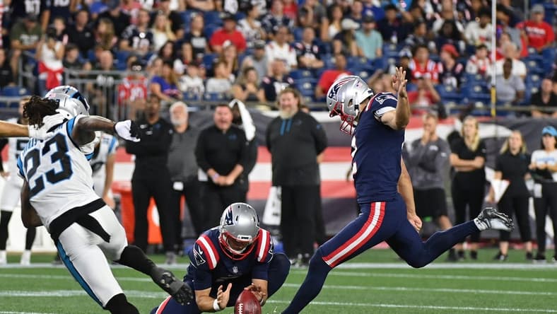 Aug 19, 2022; Foxborough, Massachusetts, USA; New England Patriots place kicker Tristan Vizcaino (2) kicks a field goal during the second half of a preseason game against the Carolina Panthers at Gillette Stadium. Mandatory Credit: Eric Canha-USA TODAY Sports