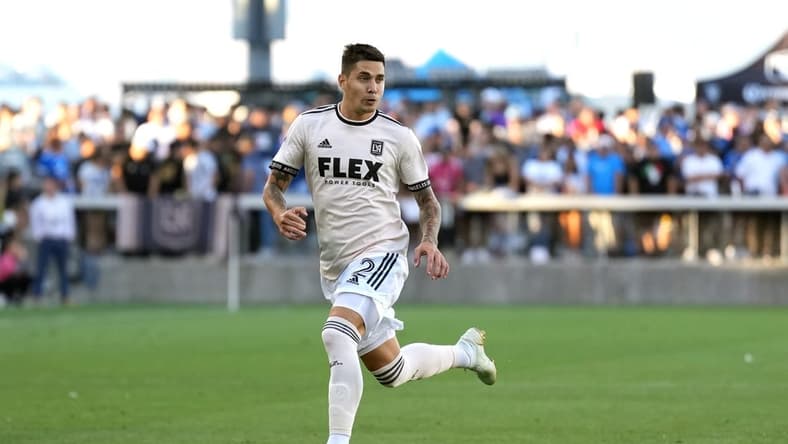 Aug 20, 2022; San Jose, California, USA; Los Angeles FC defender Franco Escobar (2) dribbles against the San Jose Earthquakes during the first half at PayPal Park. Mandatory Credit: Darren Yamashita-USA TODAY Sports