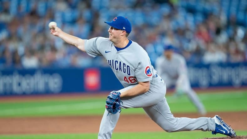 Aug 31, 2022; Toronto, Ontario, CAN; Chicago Cubs relief pitcher Erich Uelmen (46) throws a pitch against the Toronto Blue Jays during the sixth inning at Rogers Centre. Mandatory Credit: Nick Turchiaro-USA TODAY Sports