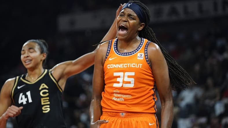 Sep 13, 2022; Las Vegas, Nevada, USA; forward Jonquel Jones (35) reacts to a call during the first quarter against the Las Vegas Aces in game two of the WNBA Finals at Michelob Ultra Arena. Mandatory Credit: Lucas Peltier-USA TODAY Sports