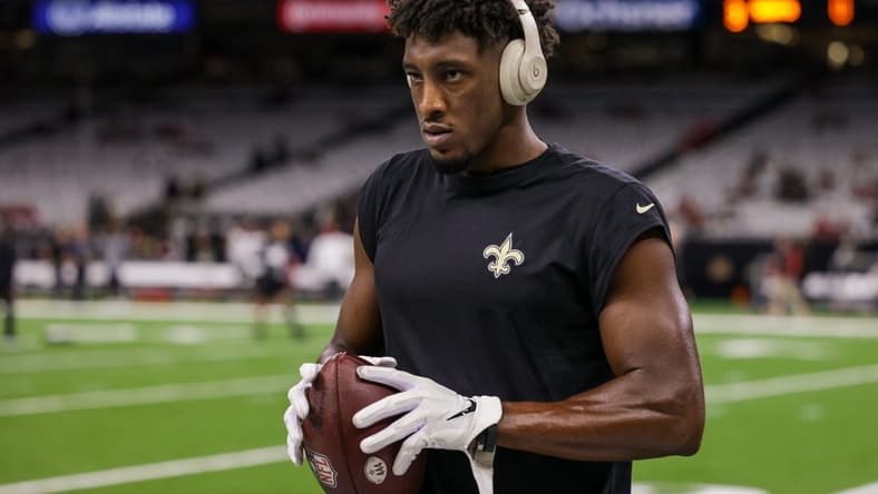 Sep 18, 2022; New Orleans, Louisiana, USA; New Orleans Saints wide receiver Michael Thomas (13) warms up before the game against the Tampa Bay Buccaneers at Caesars Superdome. Mandatory Credit: Stephen Lew-USA TODAY Sports