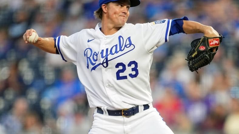 Sep 20, 2022; Kansas City, Missouri, USA; Kansas City Royals starting pitcher Zack Greinke (23) pitches against the Minnesota Twins during the first inning at Kauffman Stadium. Mandatory Credit: Jay Biggerstaff-USA TODAY Sports