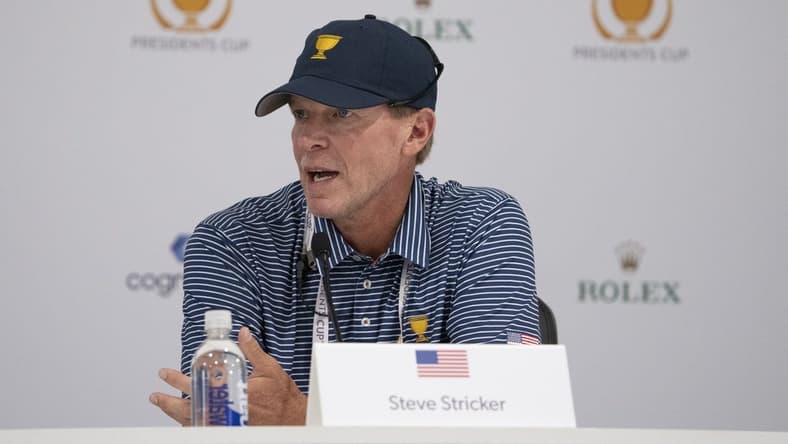 Sep 21, 2022; Charlotte, North Carolina, USA; Team USA assistant captain Steve Stricker addresses the media in a press conference during a practice day for the Presidents Cup golf tournament at Quail Hollow Club. Mandatory Credit: Kyle Terada-USA TODAY Sports