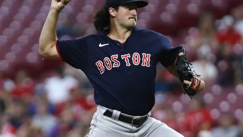 Sep 21, 2022; Cincinnati, Ohio, USA; Boston Red Sox starting pitcher Connor Seabold throws a pitch against the Cincinnati Reds during the first inning at Great American Ball Park. Mandatory Credit: David Kohl-USA TODAY Sports