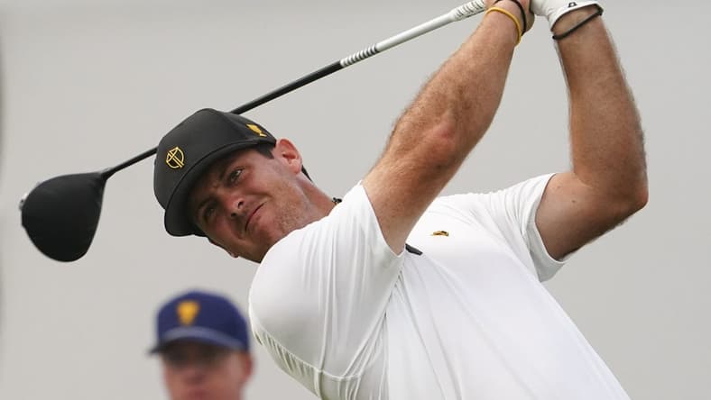 Sep 22, 2022; Charlotte, North Carolina, USA; International Team golfer Mito Pereira hits his tee shot on the 16th hole during the foursomes match play of the Presidents Cup golf tournament at Quail Hollow Club. Mandatory Credit: Peter Casey-USA TODAY Sports