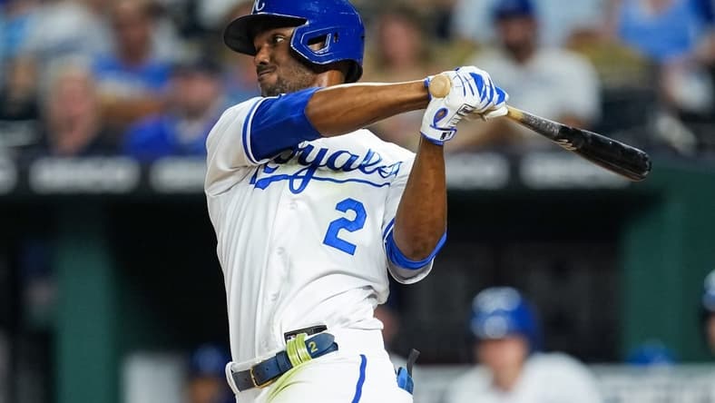 Sep 20, 2022; Kansas City, Missouri, USA; Kansas City Royals center fielder Michael A. Taylor (2) bats against the Minnesota Twins during the sixth inning at Kauffman Stadium. Mandatory Credit: Jay Biggerstaff-USA TODAY Sports