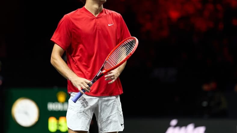 Sep 24, 2022; London, United Kingdom;Taylor Fritz (USA) reacts to a point against Cameron Norrie (GBR) in a Laver Cup singles match.  Mandatory Credit: Peter van den Berg-USA TODAY Sports