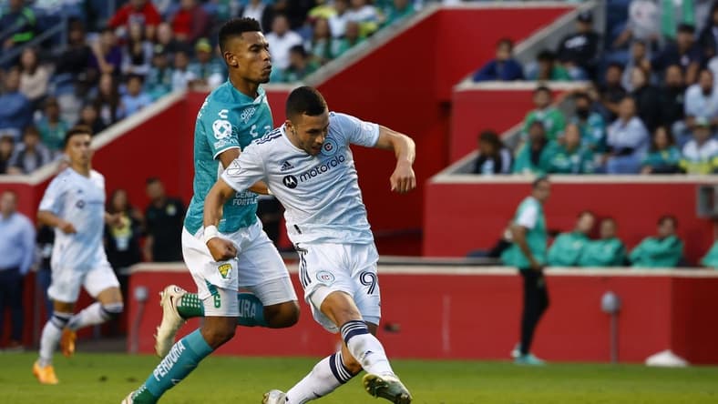 Sep 24, 2022; Chicago, Illinois, US; Chicago Fire midfielder Stanislav Ivanov (99) shoots the ball against Leon during the second half at Seetgeek Stadium. Mandatory Credit: Mike Dinovo-USA TODAY Sports