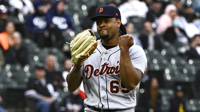 Sep 25, 2022; Chicago, Illinois, USA; Detroit Tigers relief pitcher Gregory Soto (65) reacts after the game against the Chicago White Sox at Guaranteed Rate Field. Mandatory Credit: Matt Marton-USA TODAY Sports
